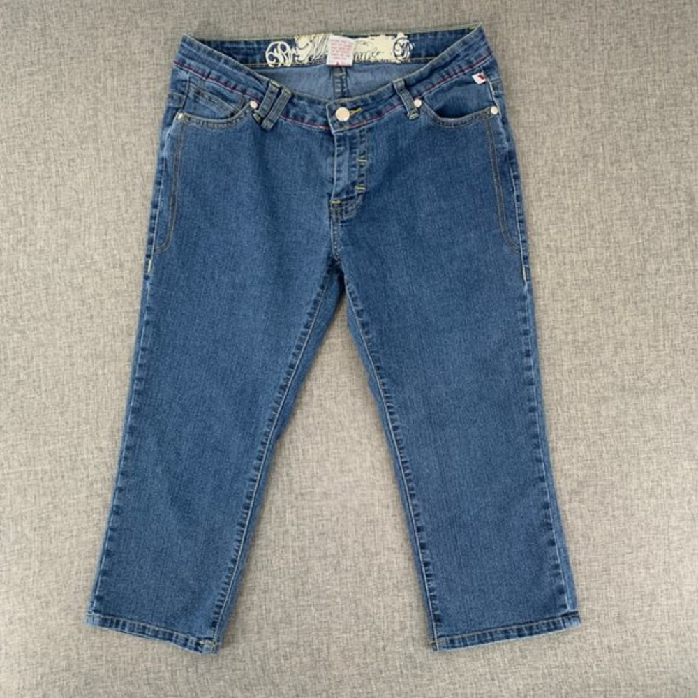 Mecca Femme‎ Cropped Jeans Size 9/10 Embroidered Design Low Rise 78% Cotton